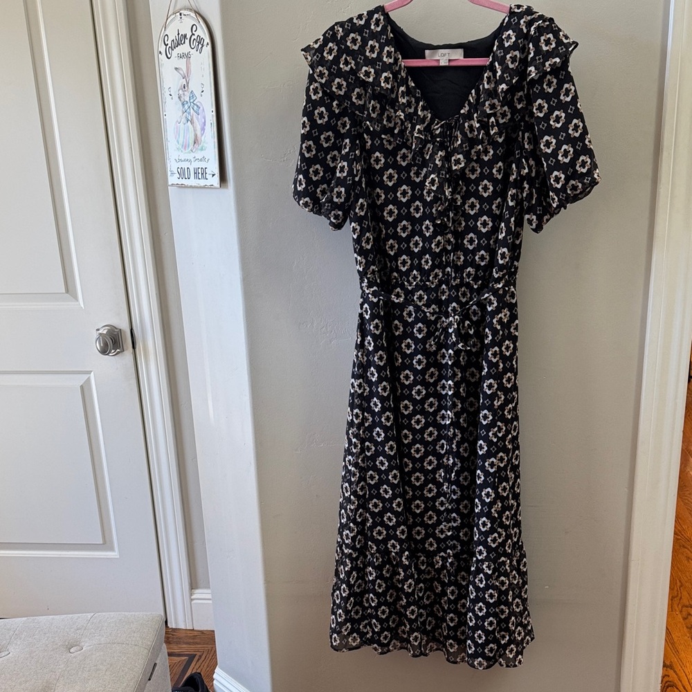 LOFT Black and Cream Patterned Midi Dress